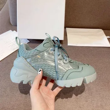 

2020 NEW Mesh Women Sneakers Lace Up Thick Bottom Breatheable Genuine Leather Casual Shoes Luxury Brand New Design Women Shoes