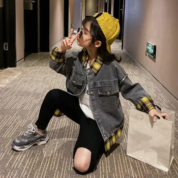 

2020 Spring New Girls denim coat plaid Stitching Casual Outerwear modis kids Clothes denim jackets for girls Y2752
