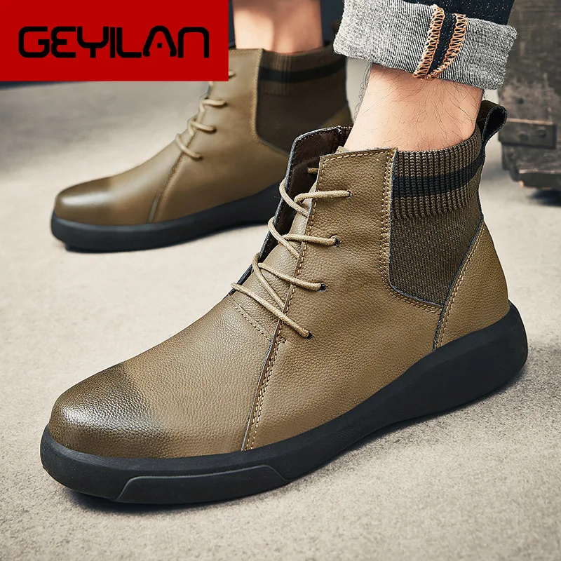 

2019 New Autumn&Winter Men's Ankle Boots Fashion England Genuine Leather Patchwork High-Top Shoes Male Casual Martin Boots