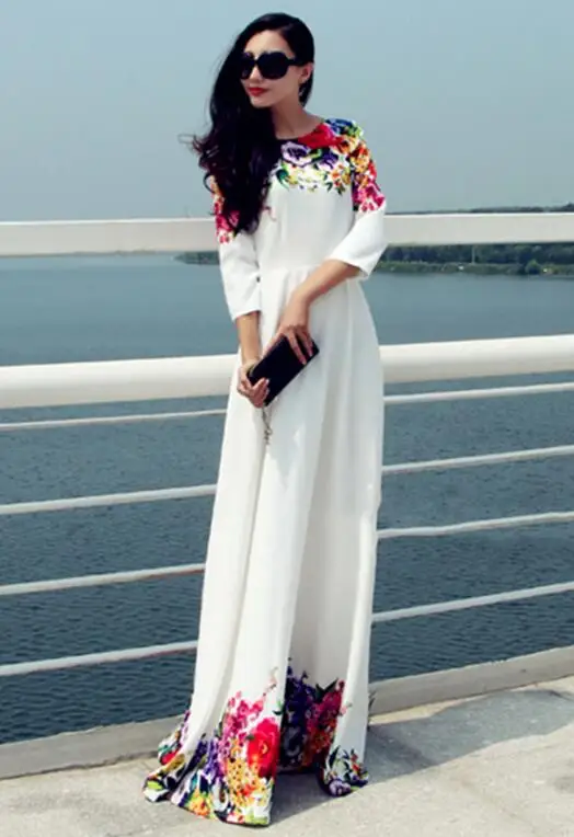 Осеннее Новое поступление модное белое шифоновое платье с круглым воротником и цветочной вышивкой с длинным рукавом - Цвет: Белый