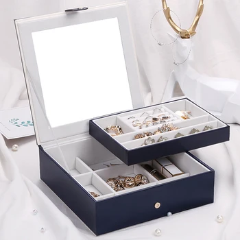 

9 Grids PU Leather Makeup Jewelry Storage Boxes for Professional Holder Organizer Case Display with Large Mirror