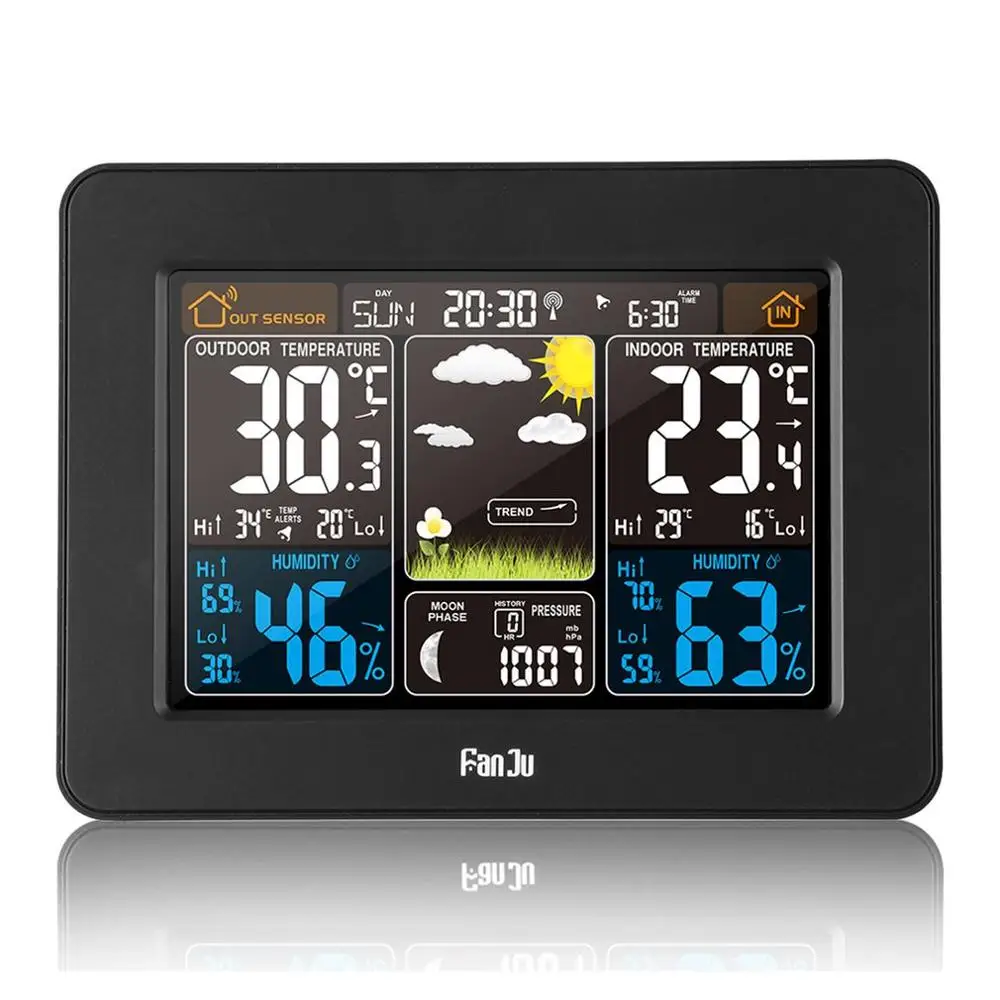 FanJu FJ3373 метеостанция барометр, термометр, гигрометр, беспроводной датчик, ЖК-дисплей, метеостанция, цифровой будильник - Цвет: Black   EU