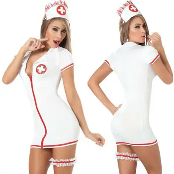 

Sexy Women Female Nurse Lingerie Costume Zip Deep V Neck Short Sleeve Uniform Cosplay Outfits Fancy Dress Hat Cap Sleepwear