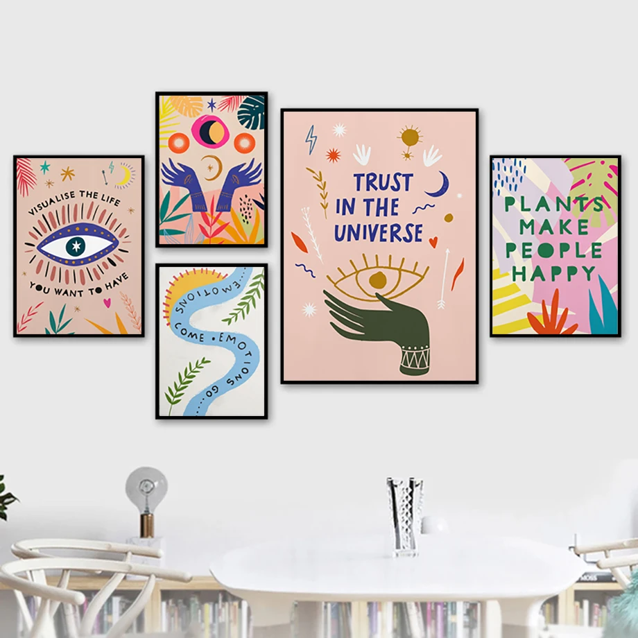 

Abstract Believe in the Universe Boho Hand Eye Monstera Leaf Wall Art Canvas Painting Home Pictures For Elegant Room Aesthetics