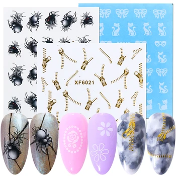 

Zipper Spider Nail Art Polish Stickers Cat Water Transfer Slider Tip Decals Flower Charm Gold Wraps Manicure Decoration BE1553