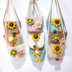 Summer Sunflower Straw Bag Small Kids Lovely Bucket Woven Bag Baby Girl's Mini Coin Purse Crossbody Messenger Bags