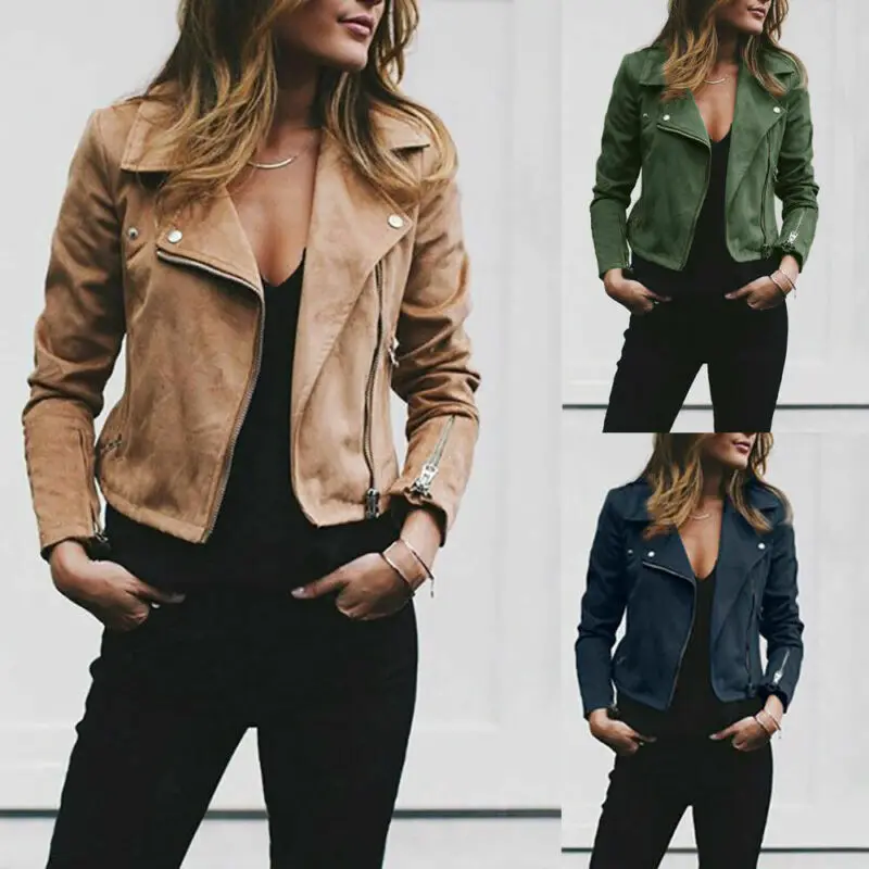 

2019 Women Autumn Winter Suede Faux Leather Jackets Lady Fashion Matte Motorcycle Coat Biker Brown Zipper Outerwear