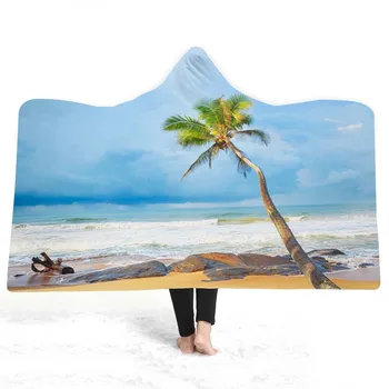 

Summer Holiday Blue Ocean 3D Print Blanket Sherpa Fleece Nap Blanket for Kids Hooded Throw Wearable Blanket Thick Warm Blanket