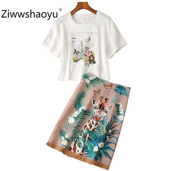 

Ziwwshaoyu Fashion Summer Two Piece Set Women's Short Sleeve Flower Print White Tees + Giraffe High Waist Mini Skirt Skirt Suit