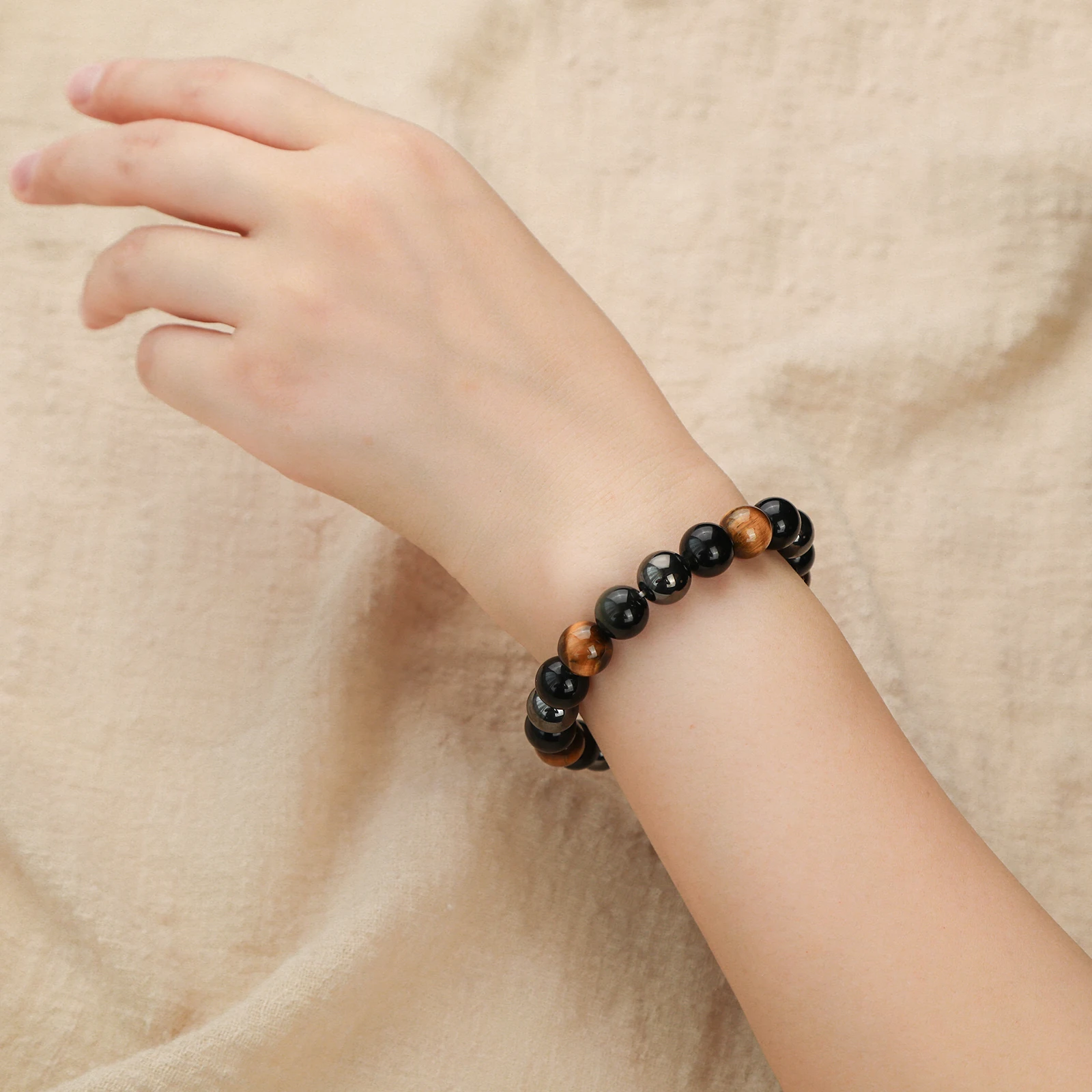 Men Women Bracelet Triple Protection Bracelet Obsidian Hematite Tiger Eye Beads Bracelet Men Jewelry Bring Luck and Prosperity