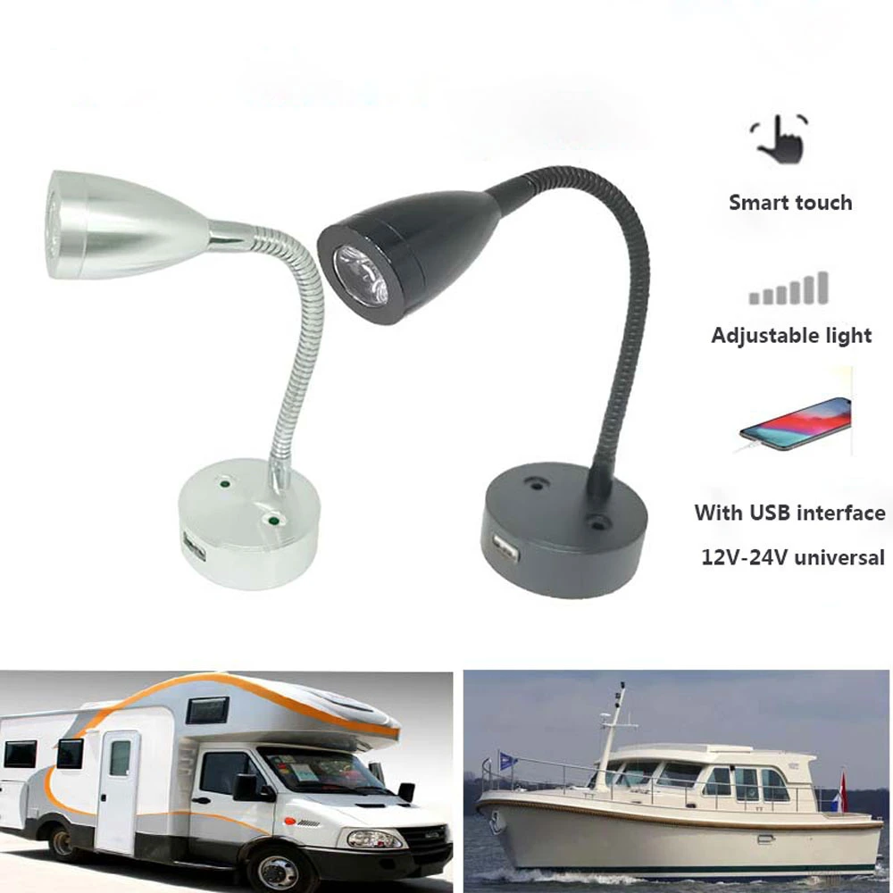 RV LED Reading Light DC12V 24V Smart Touch Dimmable Flexible Gooseneck Wall Lamp For Motorhome Yacht Cabin with USB Charger Port wall mounted bedside lights