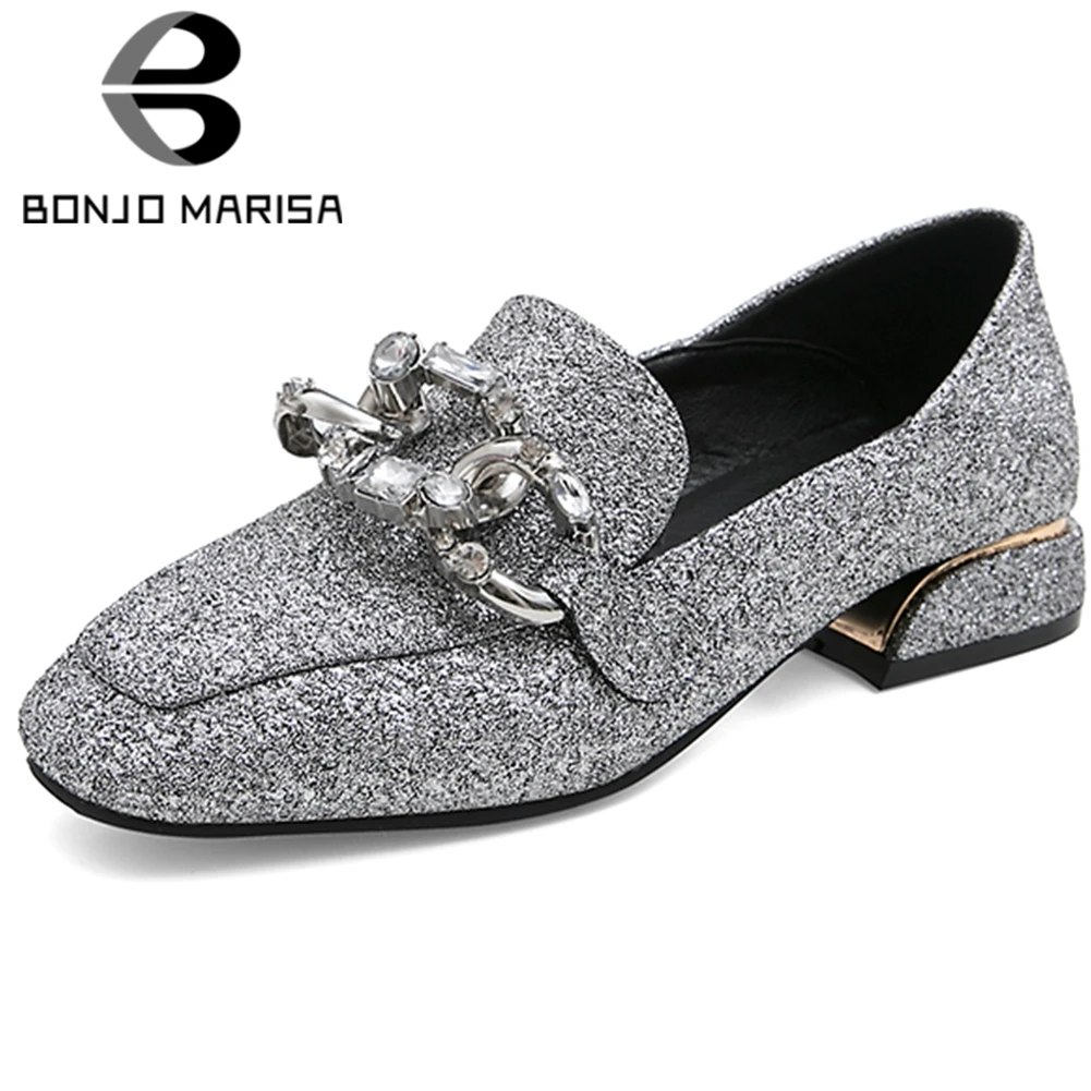 

BONJOMARISA Plus Size 32-50 Brand Design Ladies Metal Decoration Pumps Shallow Chunky Heels Pumps Women Casual Ol Shoes Woman