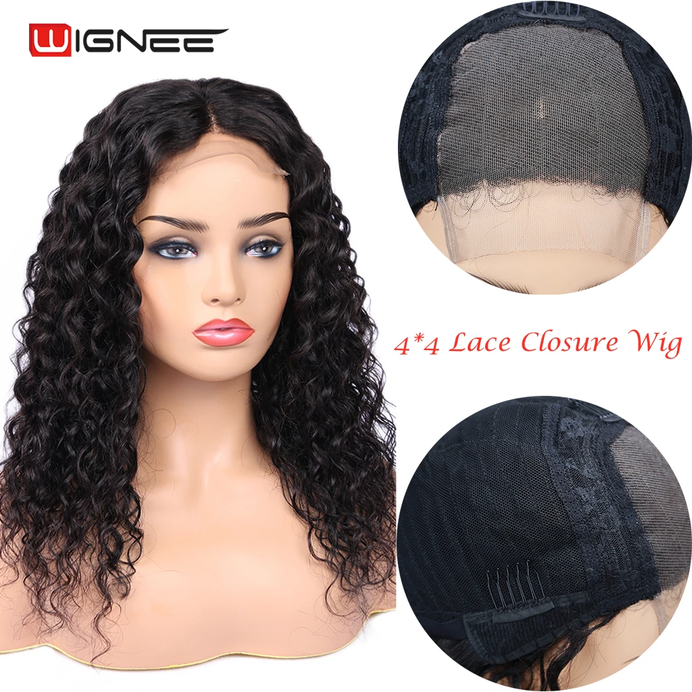Fechamento do Laço Profundas do Cabelo Humano da Peruca para as Mulheres Wignee Perucas Encaracoladas Negras Onda Profunda 4x4 Glueless Peruca Prelucked Hairline 5 Apliques com cabelo humano