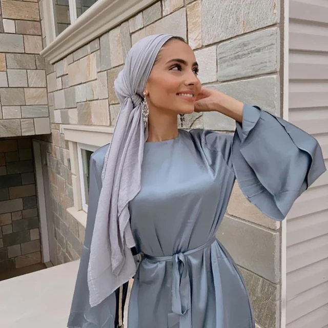 Ramadan Eid 2021 Women Summer Abaya Dress Maxi Loose Satin Long Layered Flare Sleeve A line Muslim Dubai Arab Plain Gown Party 4