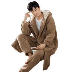 Winter Loose Hooded Men's Bathrobe Soft Thick Flannel Warm Terry Sets Robe Fashion Embroidery Kimono Cozy Pajamas for Men Pajama