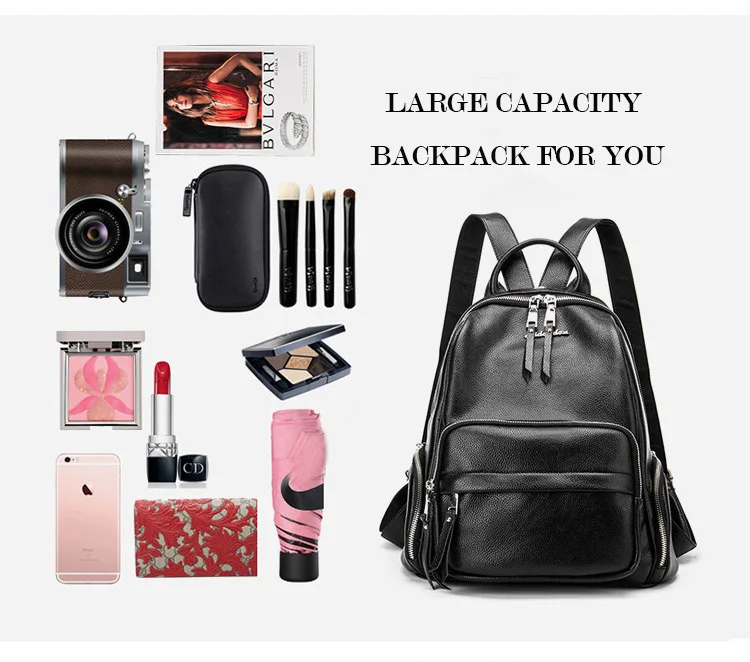 Double zipper Women Backpack Retro Black Ladies Large Soft Real Leather Backpacks Purse 15 inch Casual Girls School knapsack Bag (6)