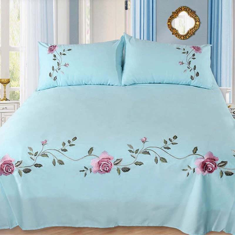 WOSTAR Rose flora embroidery design flat bed sheet solid colour cotton twill linen bedding luxury home textiles queen king size 5