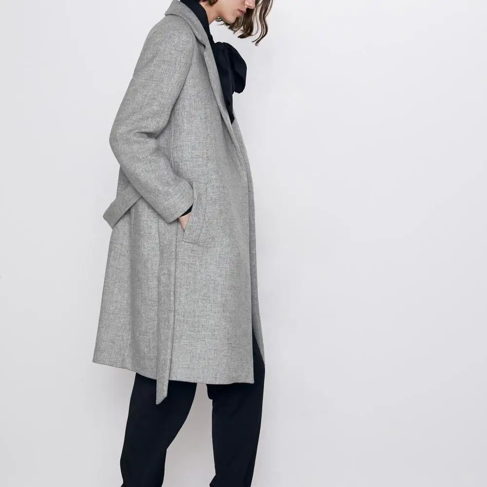 ZA осенне-зимнее серое шерстяное пальто для женщин, плотное длинное однотонное пальто с поясом, повседневная женская ветровка, верхняя одежда, шерстяной Тренч, женская одежда