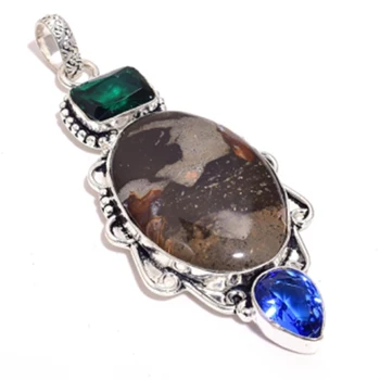 

Genuine Coffee Bean Jasper + Green Quartz Pendant Silver Overlay over Copper , Hand made Women Jewelry gift, P8619