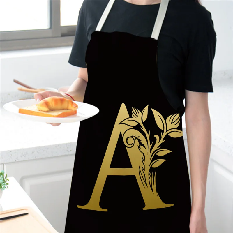 Letter Apron for Women Cotton Linen Bibs Household Cleaning Pinafore Black Golden Flower Kitchen Aprons Home Cooking Kid Aprons