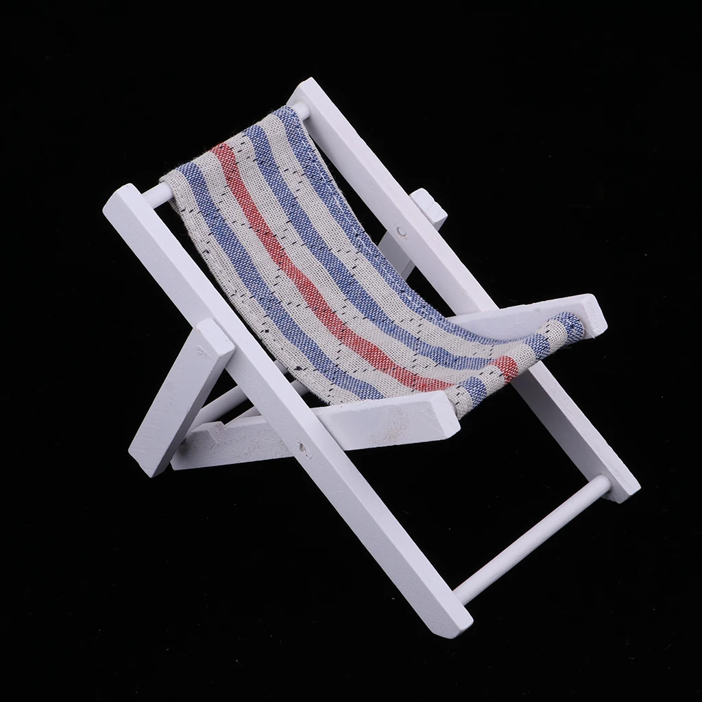 1:6 Miniature Folding Wooden Beach Sunbath Chair Deck Chair Mini Furniture for Indoor Outdoor Decor (Blue Stripe)