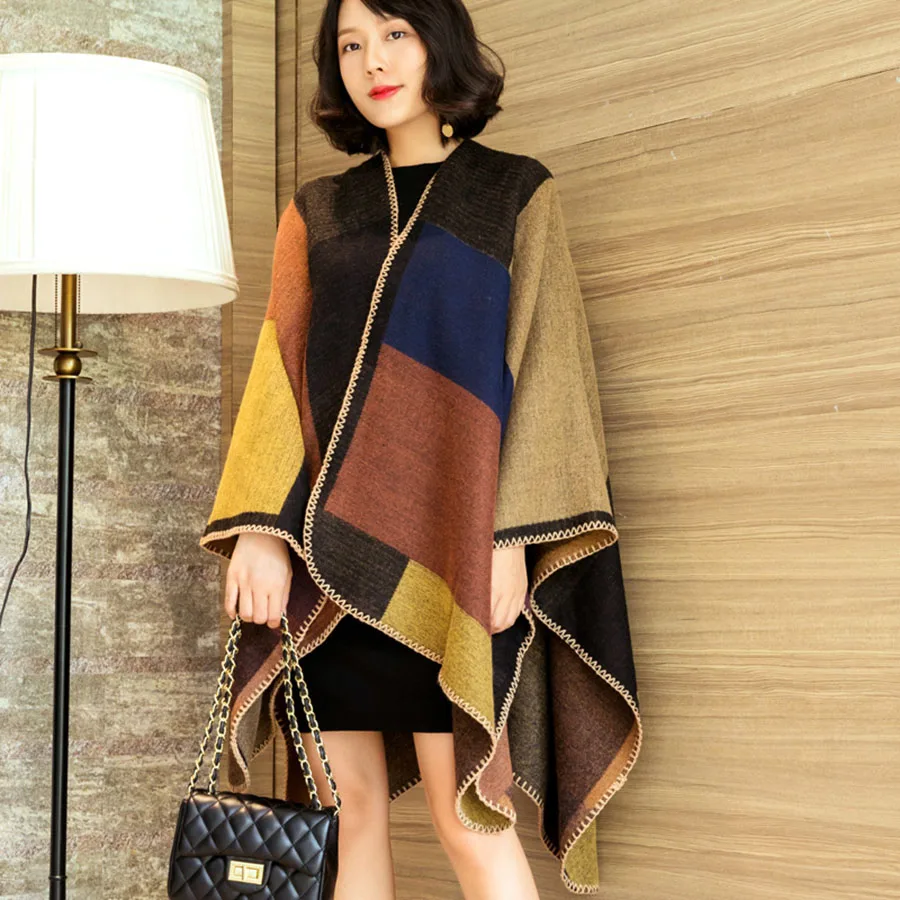 

Warm Korean Style Women Cape Print Shawl Pullover Poncho Mantella Donna Poncho Pelerin Kerst Cape Winter Cape Femme Womens Cape