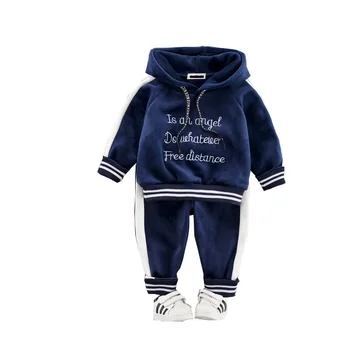 

2019 Autumn Winter Baby Girls Boys Clothing Sets Kids Casual Letter Hooded Thicken Velvet T Shirt Children's Sports Suit Clothes