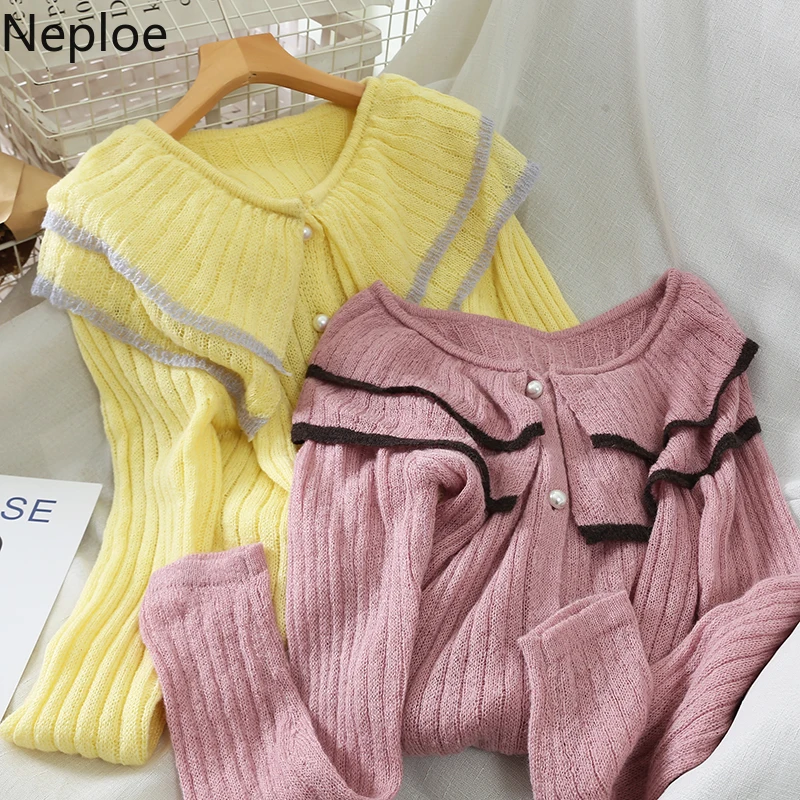 Neploe Autumn New Double Doll Collar Long Sleeve Knitted Sweater Elegant Patchwork Pearl Button Pull Femme Spring Straight Coat |