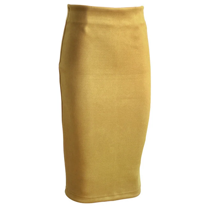 Super Deals Fashion Women Suede Solid Color Pencil Skirt Female Spring Autumn Basic High Waist Bodycon Split Knee Length Skirts - Цвет: Yellow