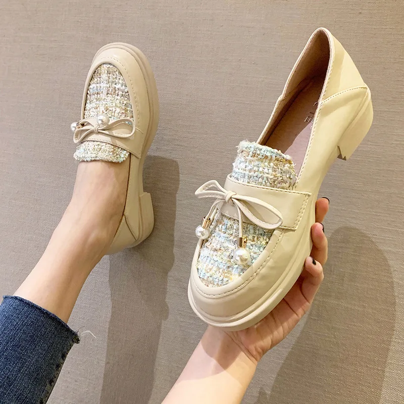 

Slip On College Girls Patchwork Plaid Loafers Cozy Two Ways Shoes for Women Large Size 35-44 Chunky Heels Pearl Bow-knot Flats