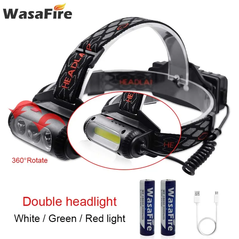 

Rechargeable COB Head Lamp XPG White Red Green Light Led Headlamp 8 Modes Rotate Headlight with USB Charging Cable+18650 Battery