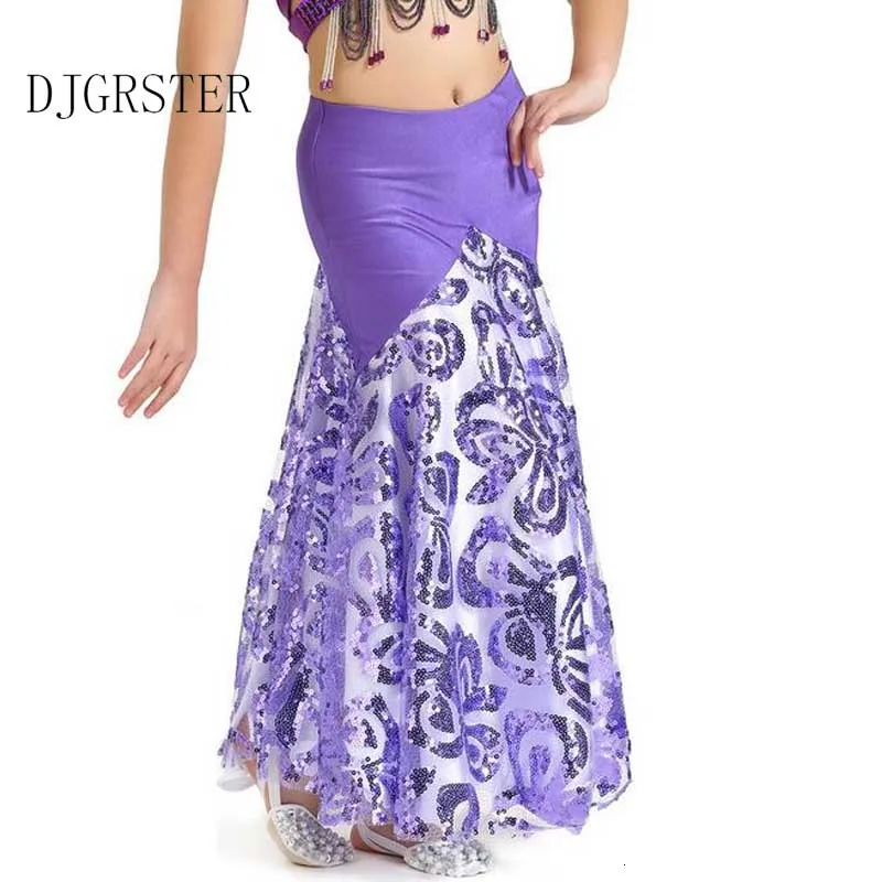DJGRSTER 1pcslot children Sequins belly dancing skirt girl chiffon candy color Split long dancing skirt stage performance skirt (8)