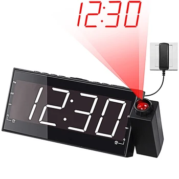 

Digital Radio Alarm Clock Projection Snooze Timer Temperature LED Display USB Charge Cable 180 Degree Table Wall FM Radio Clock