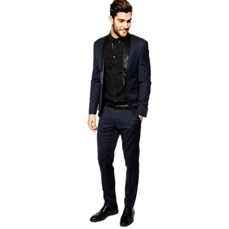 

New Brand Groom Tuxedo Suit Navy Men Suits Terno Slim Fit Shawl Lapel Groomsmen Men Wedding Prom Suits Formal Slim 2 Piece Set