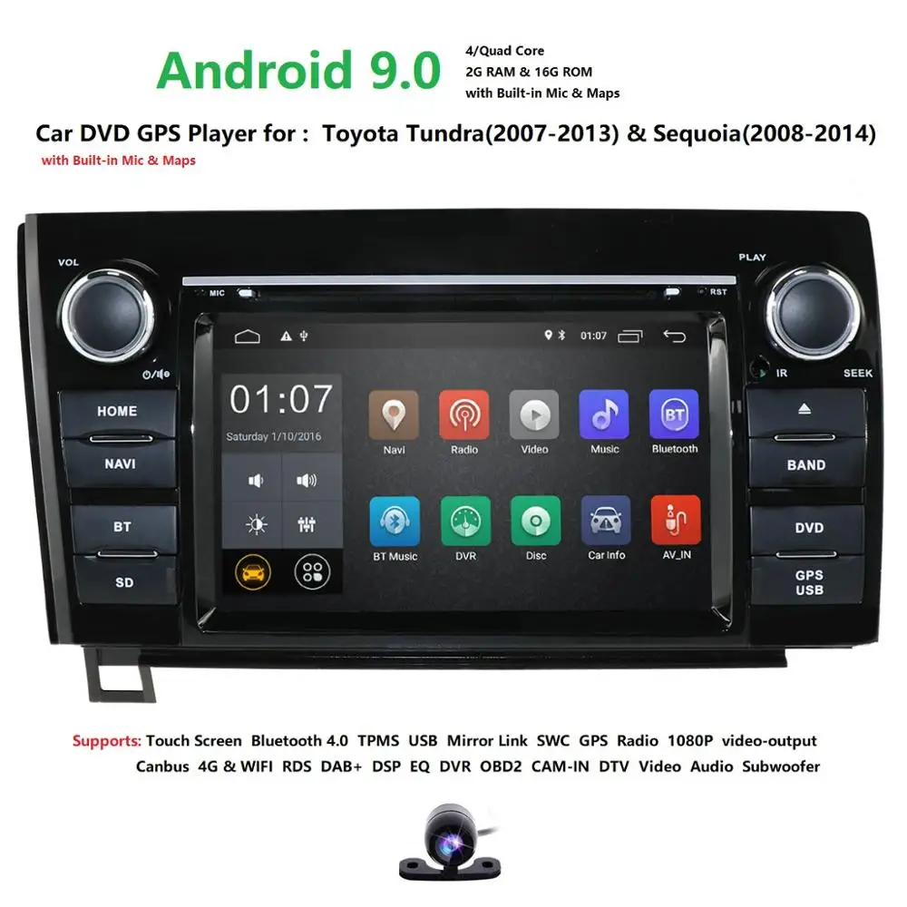 7 дюймов 2 Din четырехъядерный Android 9,0 voiture DVD gps для Toyota toundra Sequoia 2008-2013 радио Stereo 4G WiFi OBD DVR dab