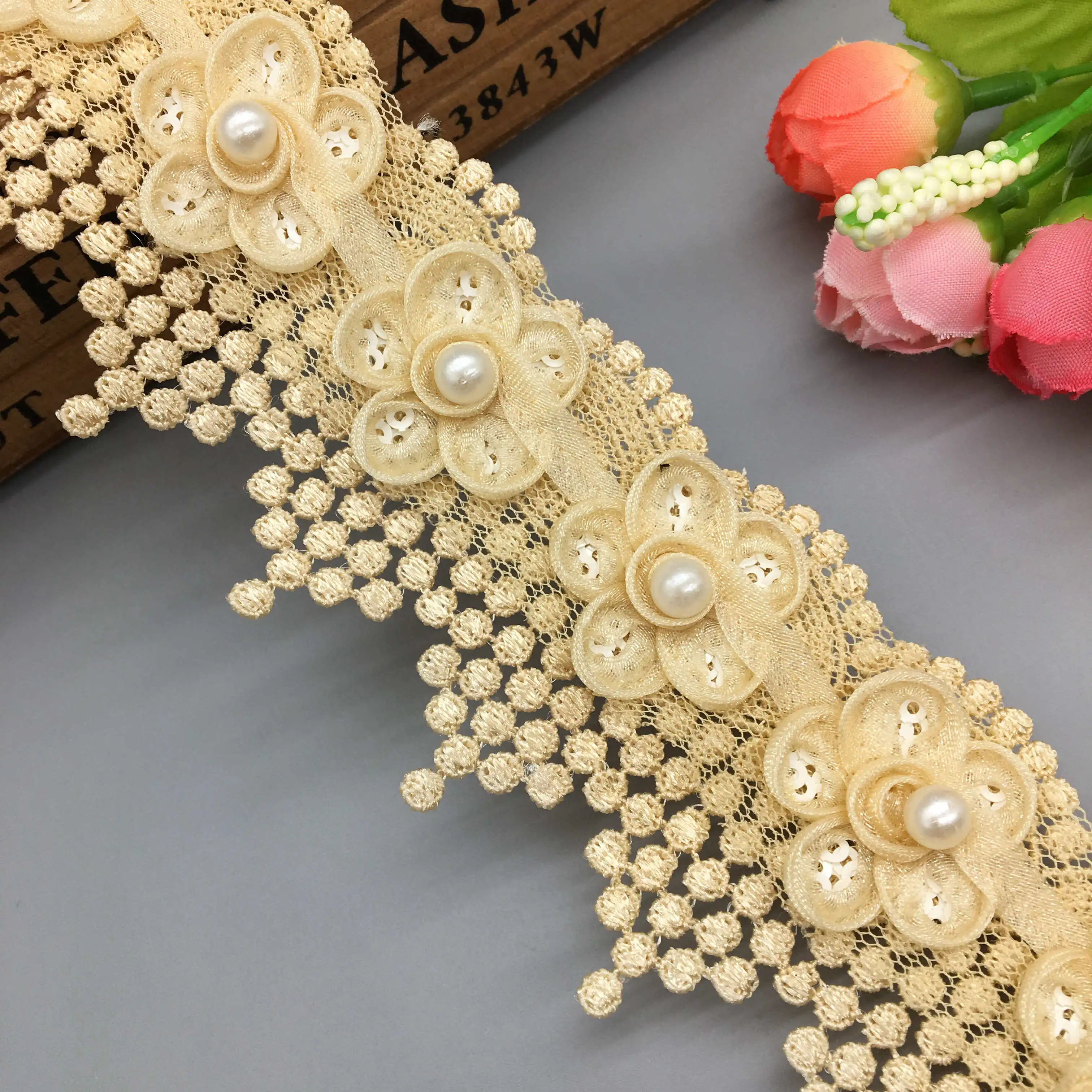 

1 Yard Gold Sequin 3D Plum Flowers Pearl Beaded Lace Edge Trimmings Ribbons Lace Fabric Embroidered Sewing DIY Wedding Dress 5cm
