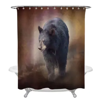

Watercolor Painting Wild Animal Shower Curtain, Black Bear Walking in The Woods, Washable Polyester Fabric Rustic Home