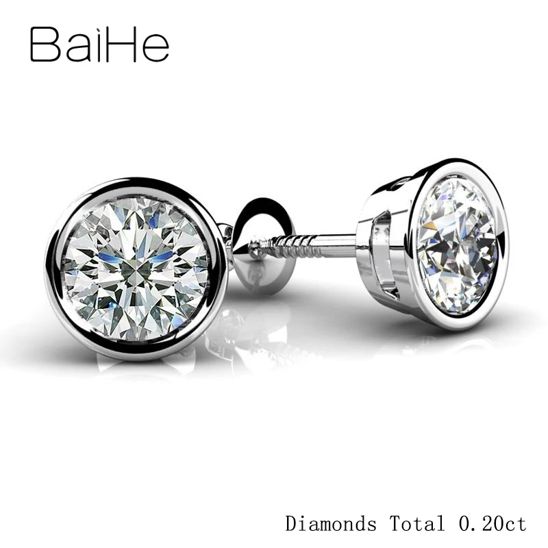 White Total 0.20ct BAIHE, 18 К, белое золото, H/SI, 0.20ct, натуральные бриллианты, женские трендовые ювелирные изделия, Круглые, для помолвки, ювелирные изделия с бриллиантами, серьги-гвоздики - Цвет камня: White Total 0.20ct
