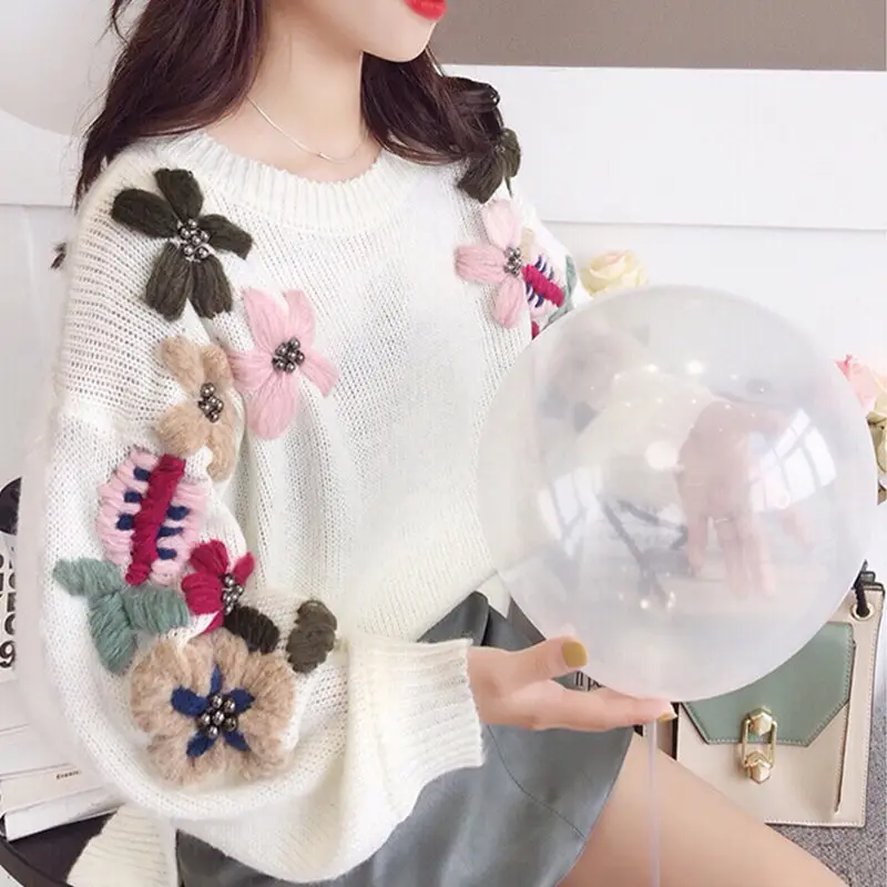 Вышитый пуловер с цветами женский свитер осень зима корейский свитер Мода Большие размеры Трикотаж Свитер женский пуловер C5879 - Цвет: white sweaters