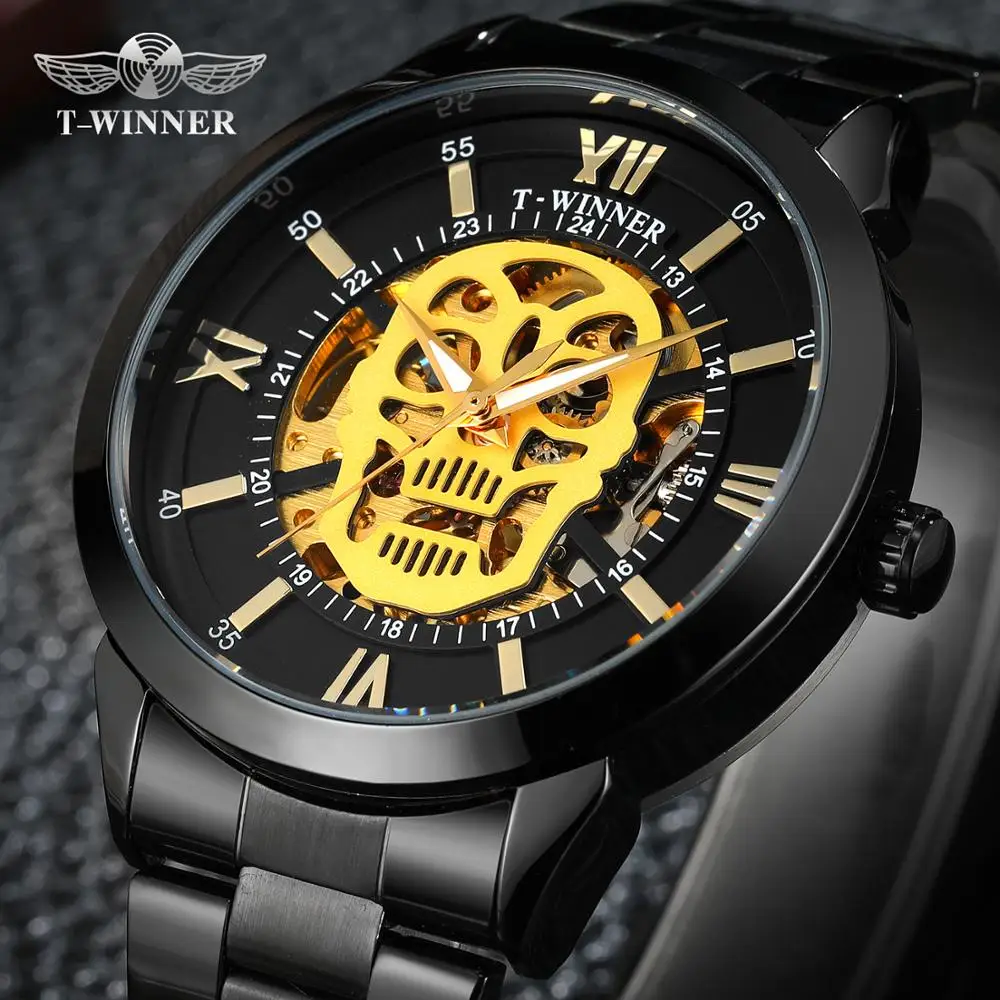 

WINNER Steampunk Skull Auto Mechanical Watch Men Black Stainless Steel Strap Skeleton Dial Fashion Cool Design Wrist Watches