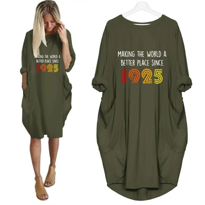 

New Fashion Making The World A Better Place Since Letters 1925 Print Pocket Cotton T-Shirt For Women Casual Harajuku Plus Size