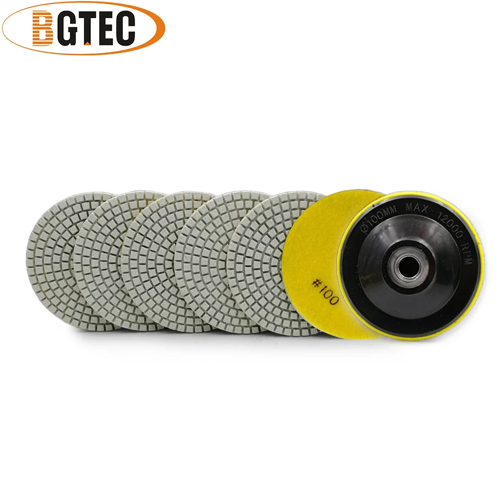 

BGTEC 4inch 6pcs #50 wet diamond flexible polishing pads With M14 Plastic Backer pads 100mm marble & granite grinding disc