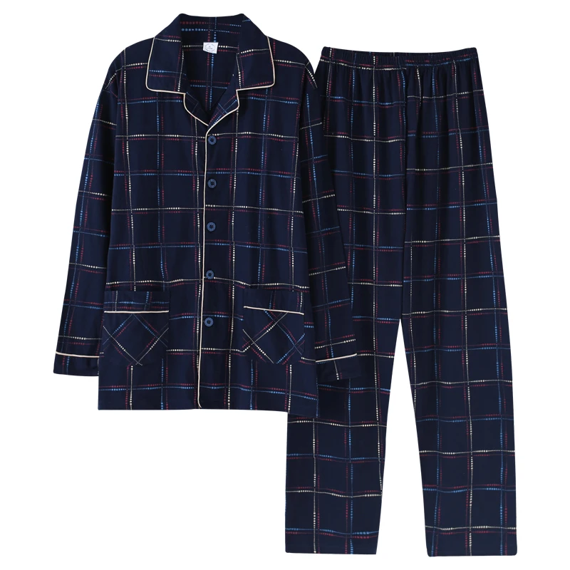 Winter 100% Cotton Pajamas For Men 2PCS Lounge Sleepwear Men Blue Plaid Pijama Hombre 2020 Home Clothes Pure Cotton Pyjamas Set