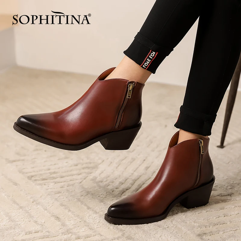 

SOPHITINA Women Boots Classics Concise Genuine Leather Ankle Boots Pointed Toe Thick Heel Zipper Spring Autumn Shoes Women MO659