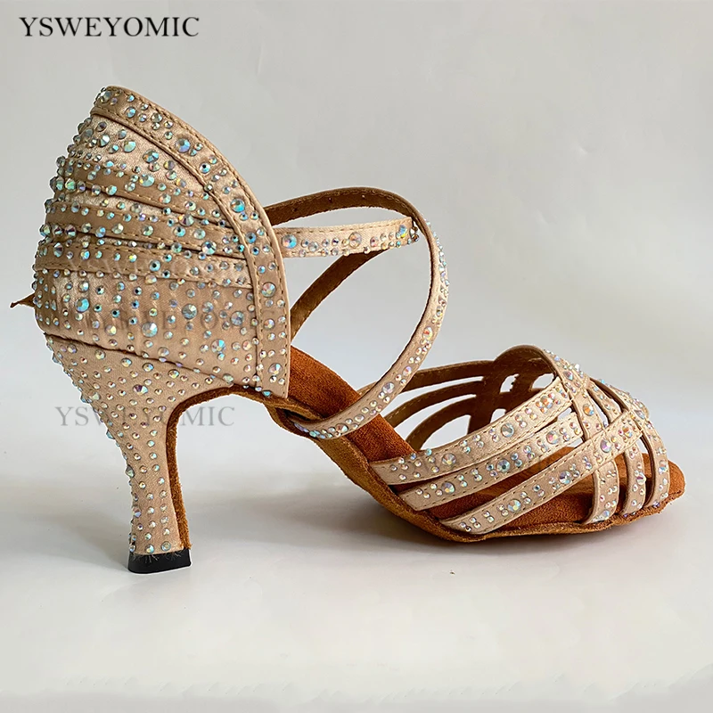 Girls Latin dance shoes Khaki Satin With Rhinestones Women Ballroom Salsa Dancing Shoes Thick Soft Sole Latin Shoes For Lady