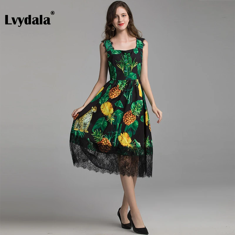 Lvydala, модное дизайнерское платье, летнее женское платье на бретельках, расшитое бисером, блестками, ананасом, зеленым листом, праздничное платье