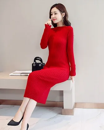 winter sweater dress long pure color Women Dresses pink red Elegant soft Knitted Sweater Dress Bodycon Slim Midi Vestidos Red