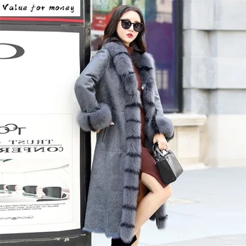 Günstig Natürliche Winter Echt Pelzmantel Frauen Lange Fuchs Pelz Wildleder Leder Jacke Weibliche Vintage Doppel Konfrontiert Kaninchen Pelz Mantel Top Hiver 19807