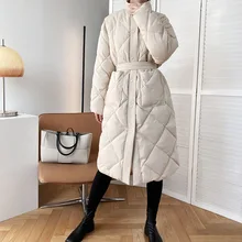 Zima 2021 nowa ocieplana kurtka z bawełny Lingge damska na kolanach kurtka koreańska długa pikowana kurtka Oversize rozdymka kurtka z paskiem