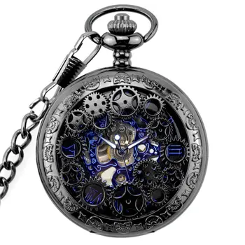 

Fashion With Chain Roman Numerals Sculptured Flip Open Mechanical Retro Necklace Gear Shape Vintage Anniversary Fob Pocket Watch